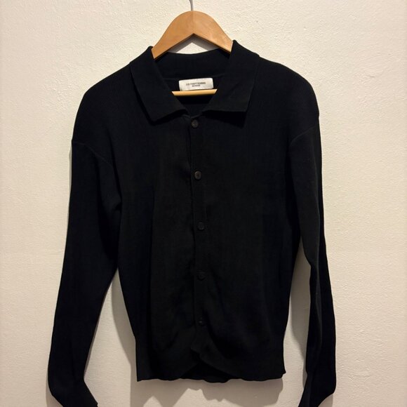 Le17Septembre spread collar button down shirt in black cotton blend rib - Picture 3 of 7